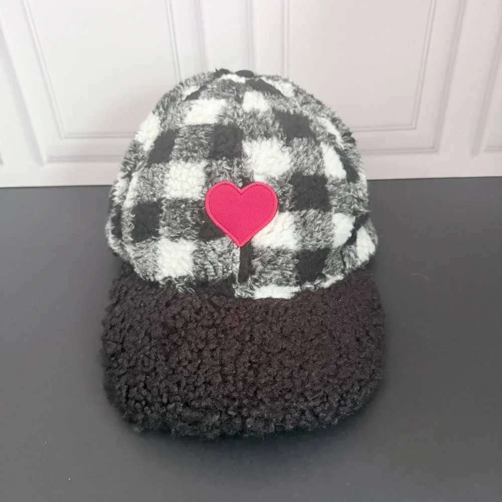Way to Celebrate Valentine's Day Sherpa Baseball Cap Black White Plaid Heart OS